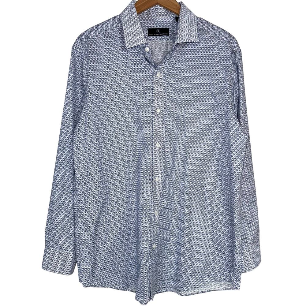 Hart Schaffner Marx Blue White Printed Button Up Shirt Size Large